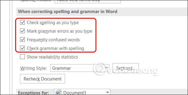 Tắt gạch chân đỏ cho văn bản hiện tại trong Word