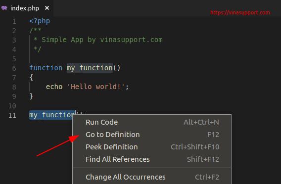 Nhảy tới PHP function đã định nghĩa trong Visual Studio Code