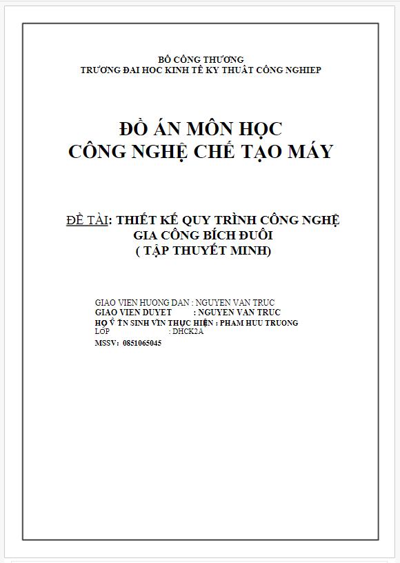 Đồ án công nghệ chế tạo máy: Thiết kế quy trình công nghệ gia công bích đuôi