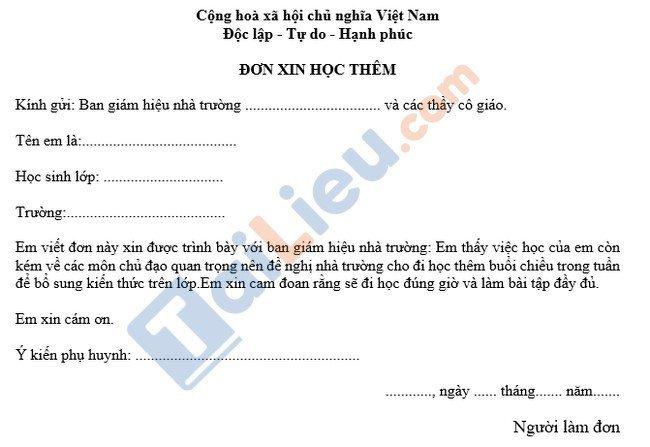 Mẫu đơn xin học thêm buổi chiều