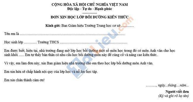 Mẫu đơn xin học thêm môn tiếng Anh