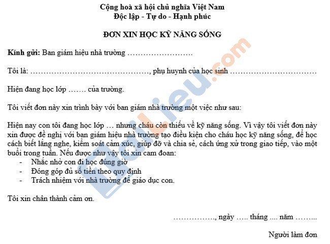 Mẫu đơn xin học kỹ năng sống