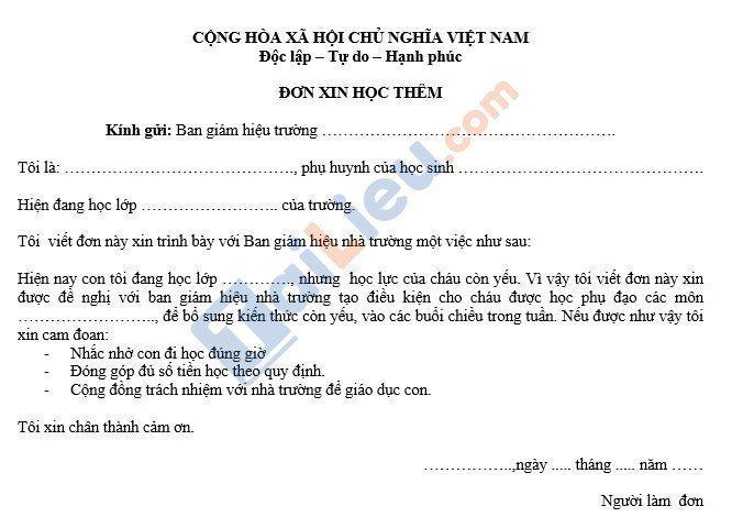 Mẫu đơn xin học thêm tại nhà cô giáo