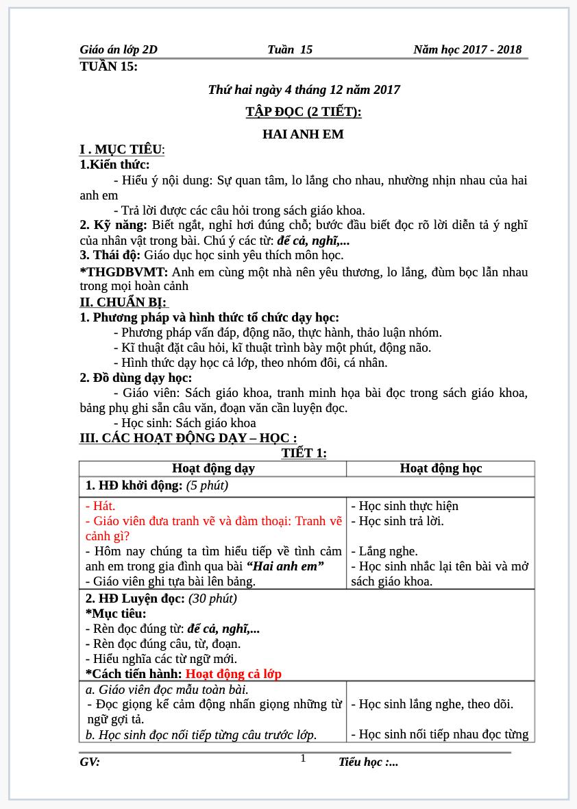 Tuần 15 - Giáo án lớp 2 soạn theo định hướng phát triển năng lực học sinh