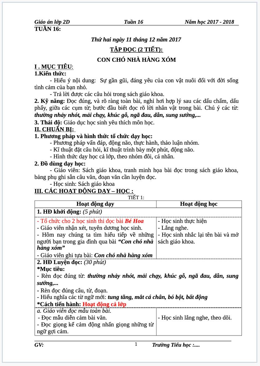 Tuần 16 - Giáo án lớp 2 soạn theo định hướng phát triển năng lực học sinh