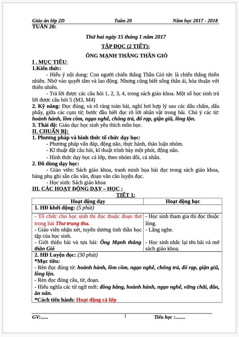 Tuần 20 - Giáo án lớp 2 soạn theo định hướng phát triển năng lực học sinh