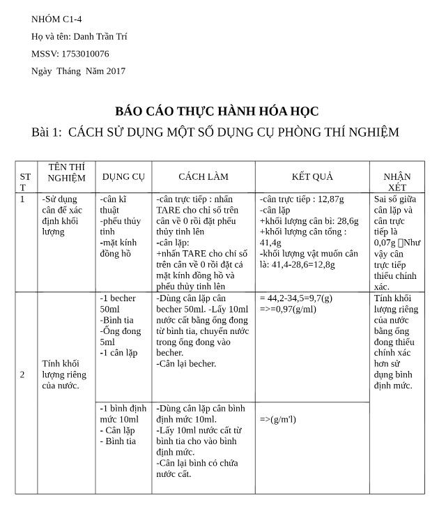 Báo cáo thực hành môn hóa học