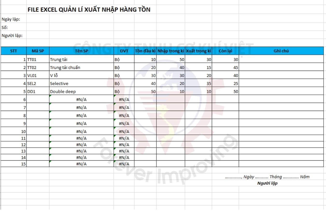 File excel kiểm hàng tồn