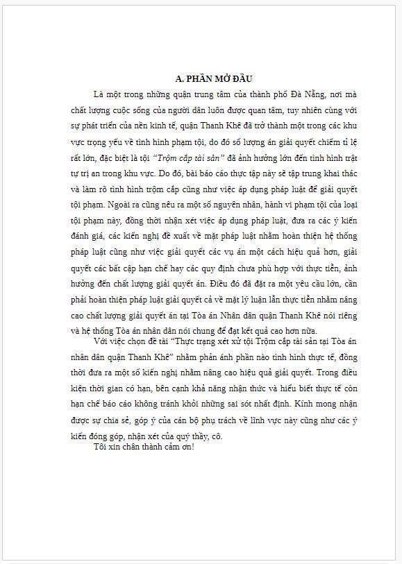 Báo cáo thực tập tốt nghiệp Đại học Luật: Thực trạng xét xử tội Trộm cắp tài sản tại Tòa án nhân dân quận Thanh Khê