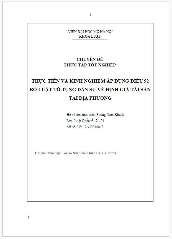 Báo cáo thực tập tốt nghiệp đại học luật: Thực tiễn và kinh nghiệm áp dụng Điều 92 bộ Luật tố tụng dân sự về định giá tài sản tại địa phương