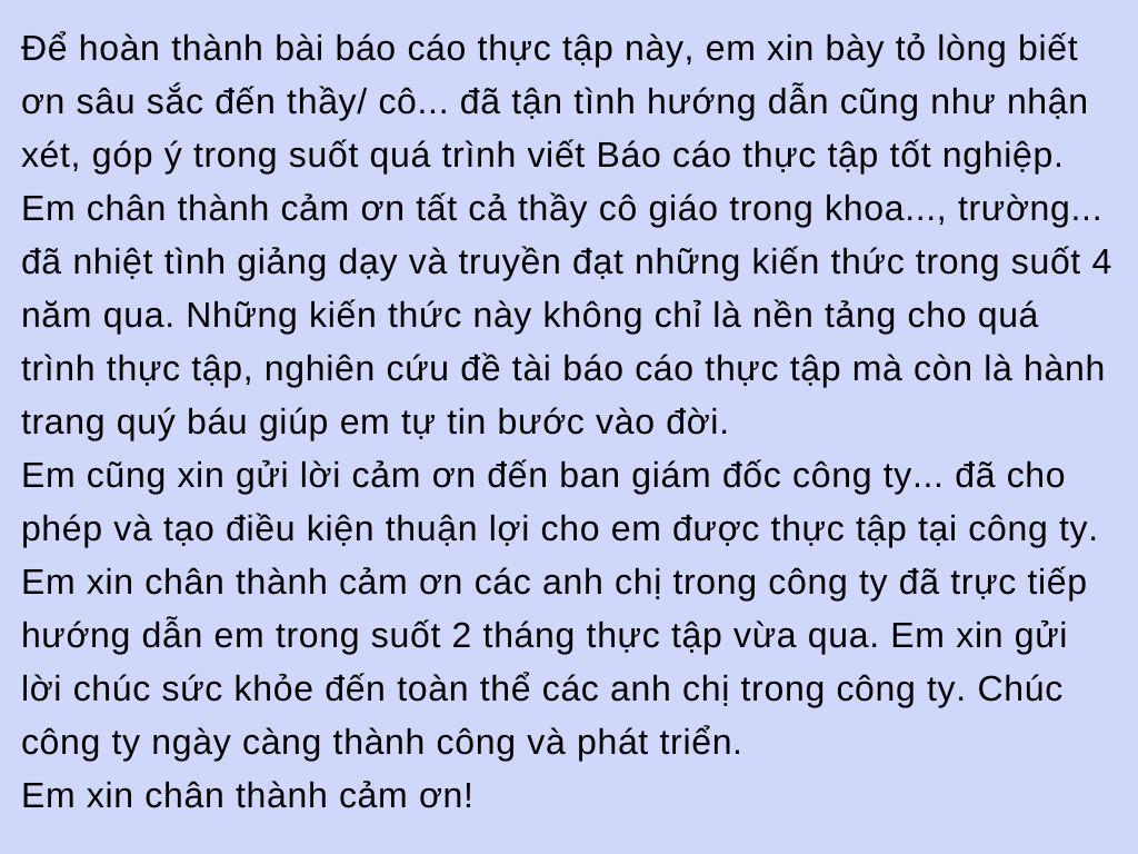 mẫu lời cảm ơn trong báo cáo thực tập chuyên ngành 2