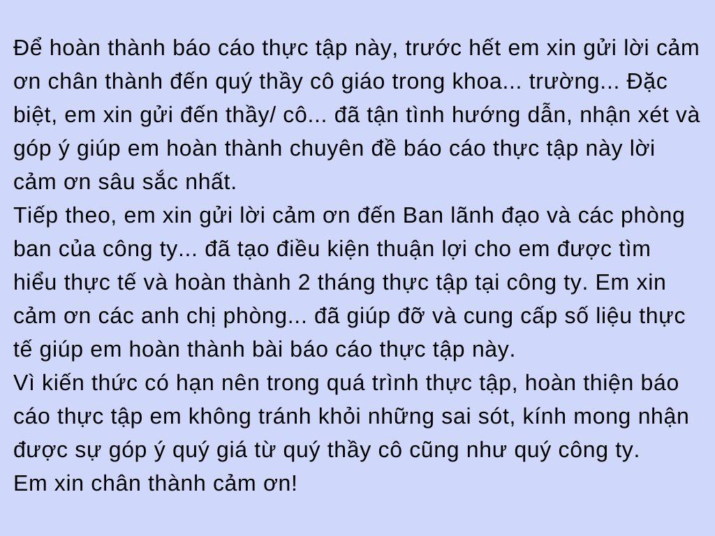 mẫu lời cảm ơn trong báo cáo thực tập chuyên ngành 3