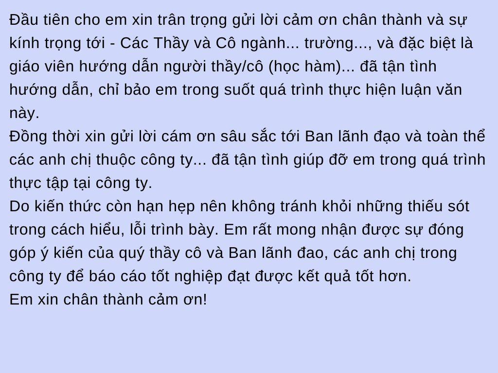 mẫu lời cảm ơn trong báo cáo thực tập chuyên ngành 4