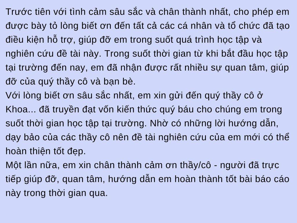 mẫu lời cảm ơn trong báo cáo thực tập chuyên ngành 5