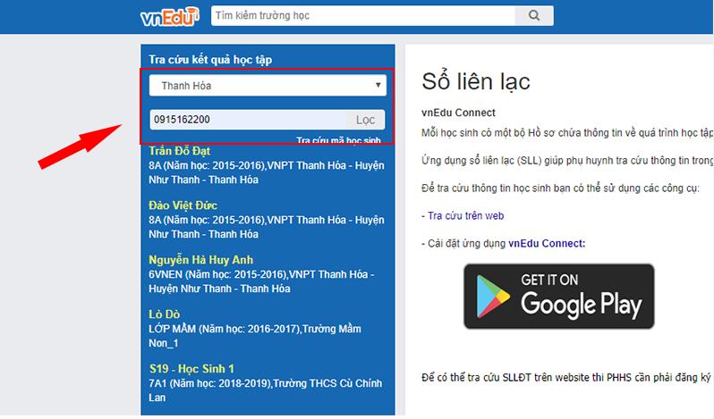 Hướng dẫn nhập thông tin tra cứu điểm trên vnEdu