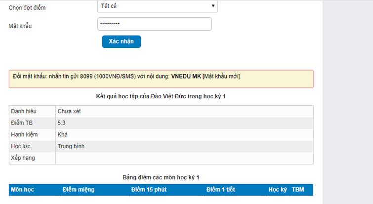 Thông tin điểm trên vnEdu