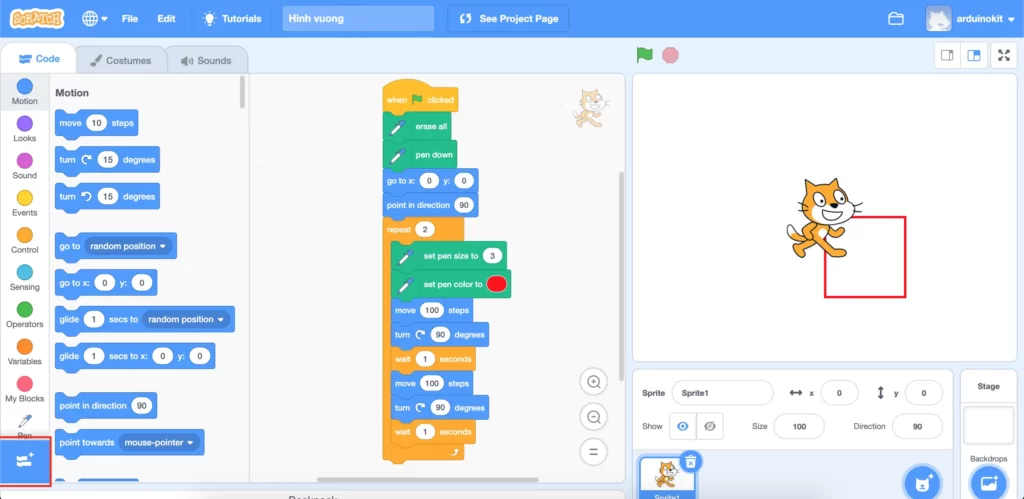 Cách vẽ hình vuông trong Scratch