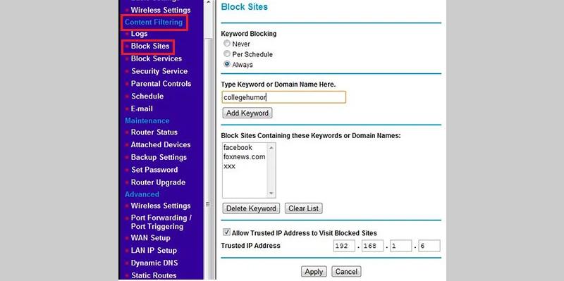 Chọn mục Content Filtering